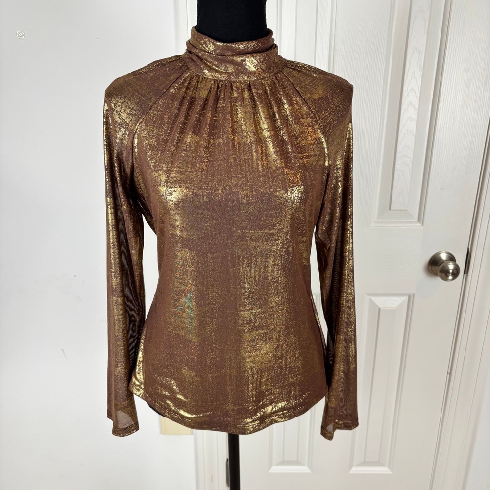 Ted Baker London Metallic Gold Foil Mock Neck Top Brown Potting Soil NWT‎ Size M